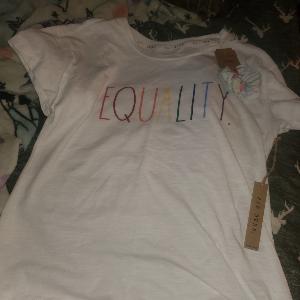 Nwt! Rae Dunn EQUALITY shirt with hair tie